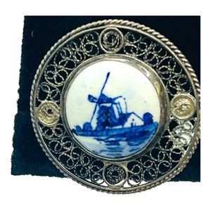 Delfts Holland Blue Vintage Brooch Ceramic and Sterling Silver Made in Holland
